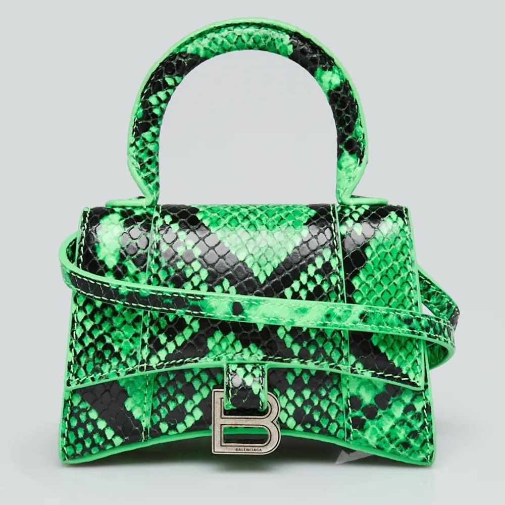 BALENCIAGA
Green/Black Faux Python Leather Hourglass Mini Top Handle Bag